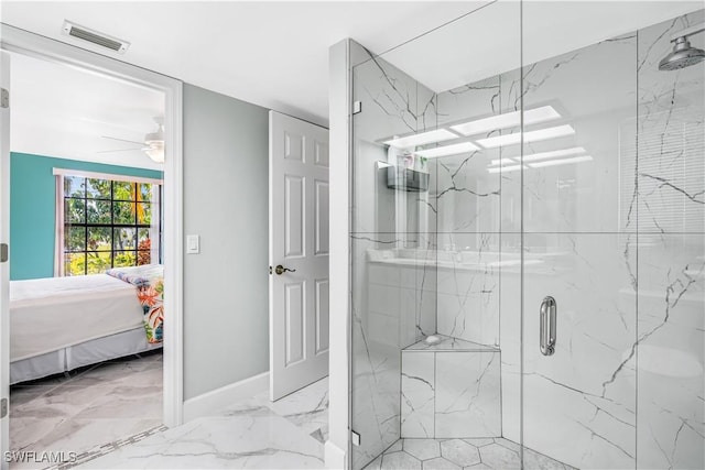 full bathroom featuring ensuite bathroom, marble finish floor, visible vents, and a marble finish shower