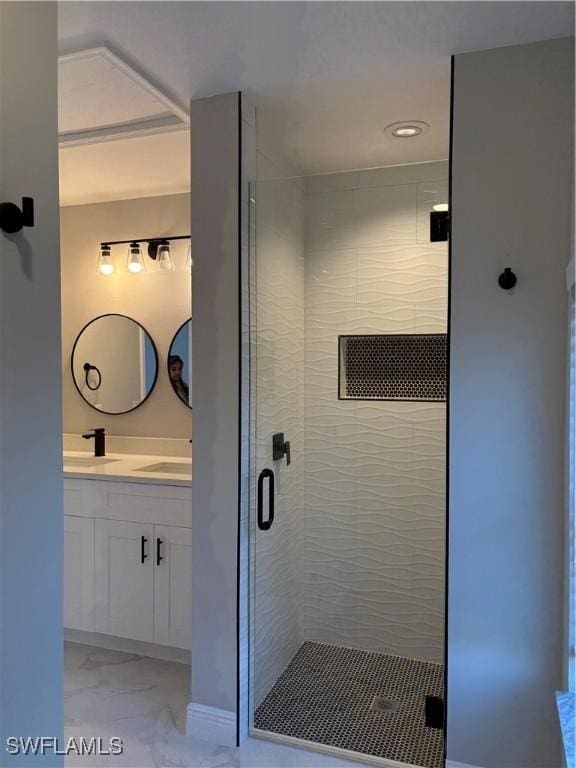4430 18th Ave NE, Naples, FL 34120 - full bath featuring a sink, marble finish floor, a shower stall, and double vanity