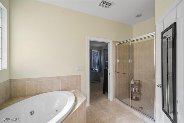 9954 Alabama St, Bonita Springs, FL 34135 - bathroom with tile patterned flooring, visible vents, a shower stall, and a whirlpool tub
