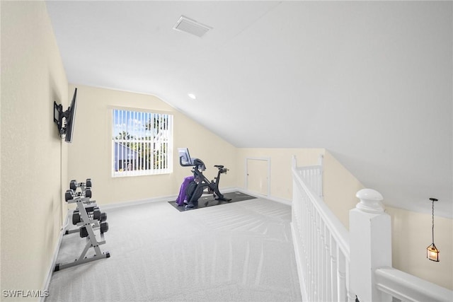 9954 Alabama St, Bonita Springs, FL 34135 - exercise room featuring visible vents, baseboards, carpet, and vaulted ceiling