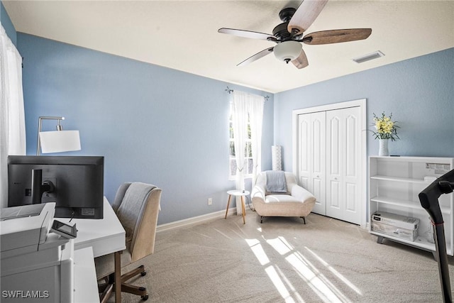9954 Alabama St, Bonita Springs, FL 34135 - office area with visible vents, carpet floors, baseboards, and a ceiling fan