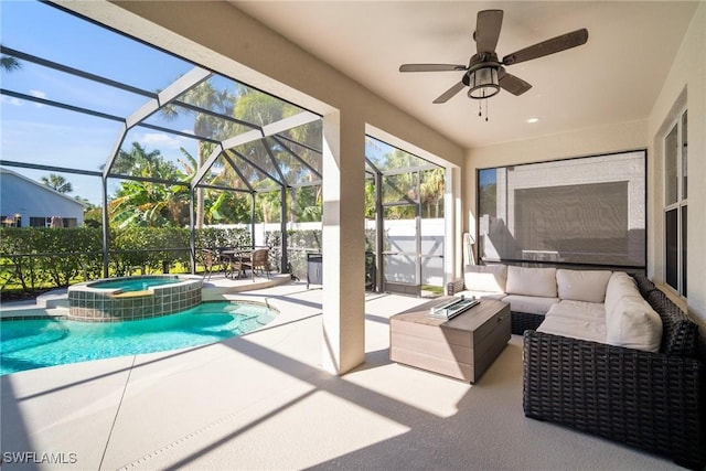 9954 Alabama St, Bonita Springs, FL 34135 - exterior space with a pool with connected hot tub, ceiling fan, an outdoor hangout area, a lanai, and a patio area
