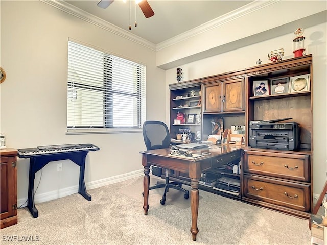 office featuring crown molding, light carpet, baseboards, and ceiling fan