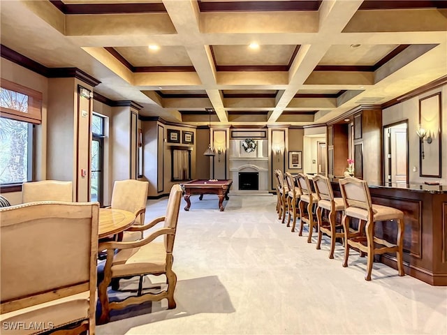 dining room with coffered ceiling, ornamental molding, pool table, light carpet, and beamed ceiling