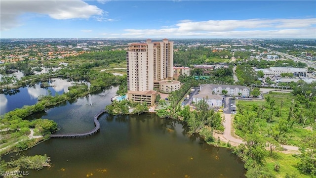 aerial view featuring a view of city and a water view