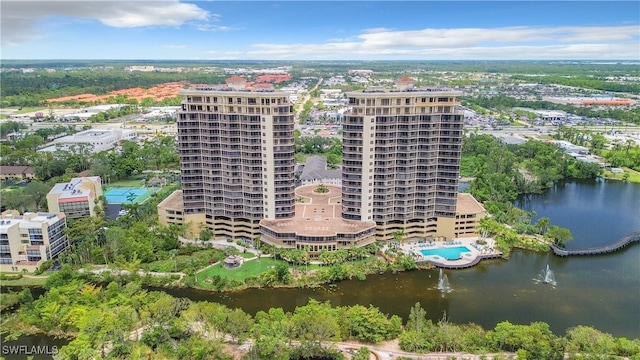 aerial view with a water view and a view of city
