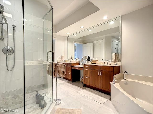 full bathroom with a bath, recessed lighting, a shower stall, and vanity