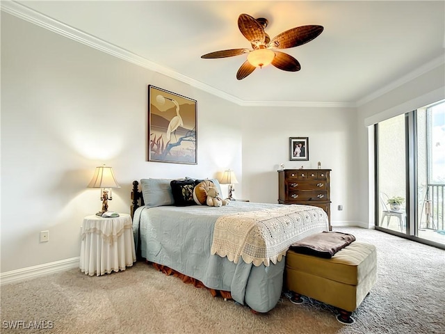 bedroom with access to exterior, crown molding, carpet, and baseboards