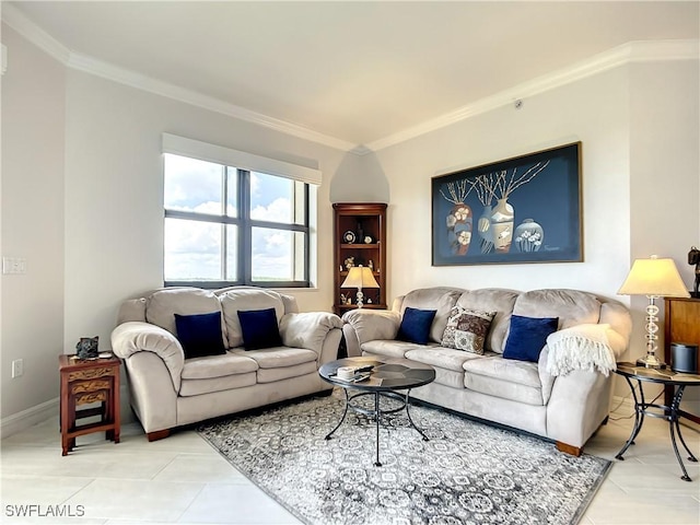living room featuring baseboards and crown molding