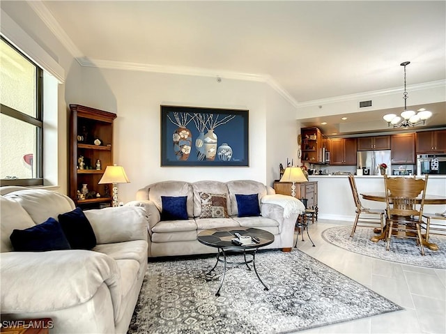 living area featuring light tile patterned floors, visible vents, a notable chandelier, and crown molding