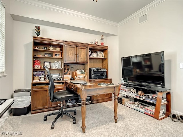 office area featuring baseboards, visible vents, carpet floors, and ornamental molding