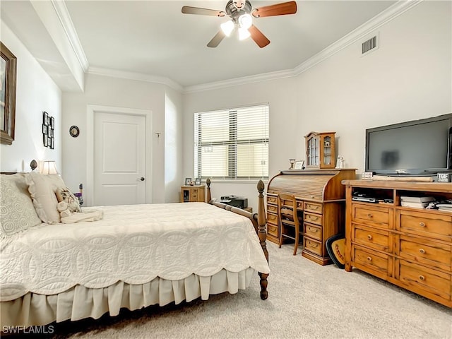 carpeted bedroom with crown molding, visible vents, and ceiling fan