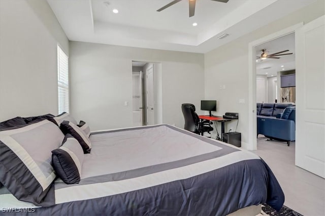 2312 4th Ave SE, Naples, FL 34117 - bedroom featuring visible vents, stainless steel refrigerator with ice dispenser, ceiling fan, a tray ceiling, and recessed lighting