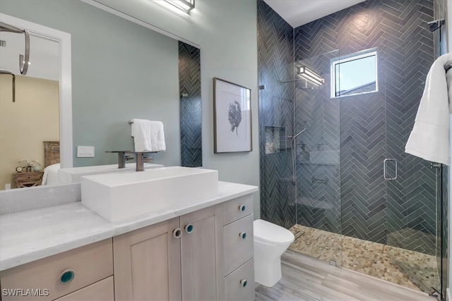 3721 Sapphire Cove Cir, Naples, FL 34114 - bathroom with vanity, toilet, a stall shower, and wood finished floors