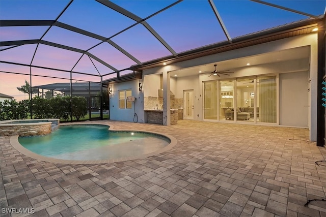 3721 Sapphire Cove Cir, Naples, FL 34114 - view of pool featuring a patio, a pool with connected hot tub, ceiling fan, and glass enclosure