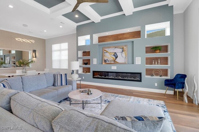 3721 Sapphire Cove Cir, Naples, FL 34114 - living room featuring wood finished floors, baseboards, beamed ceiling, recessed lighting, and a ceiling fan