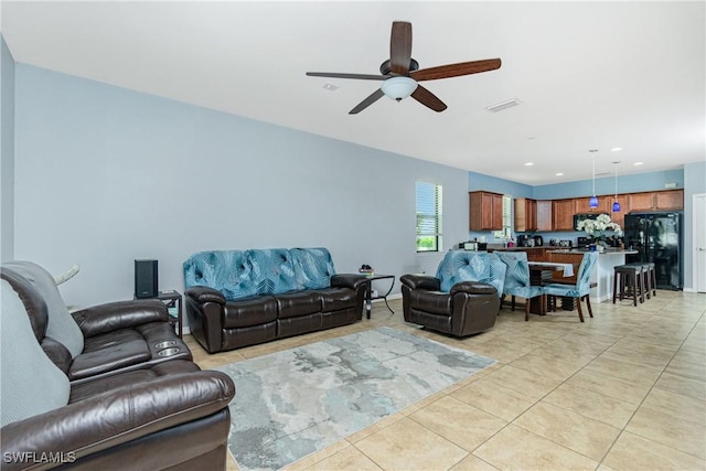 2628 Sherman Oak Dr, North Port, FL 34289 - living area with light tile patterned floors, visible vents, recessed lighting, and a ceiling fan
