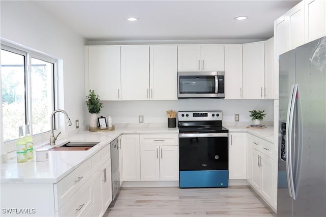 kitchen with white cabinetry, a sink, stainless steel appliances, and light countertops