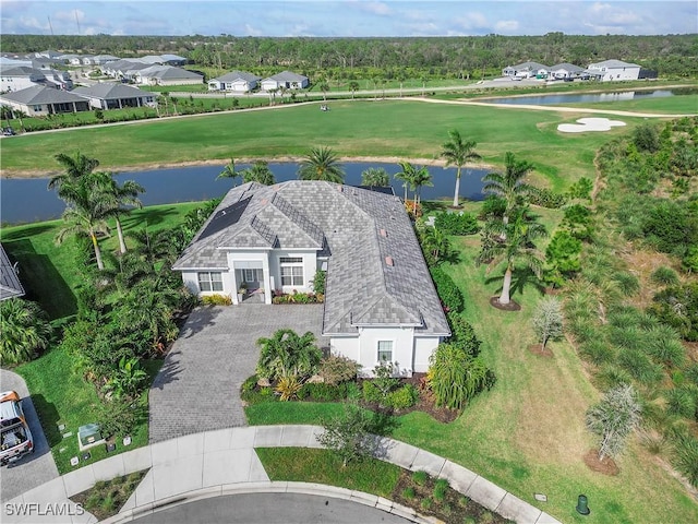 aerial view with a water view and a residential view