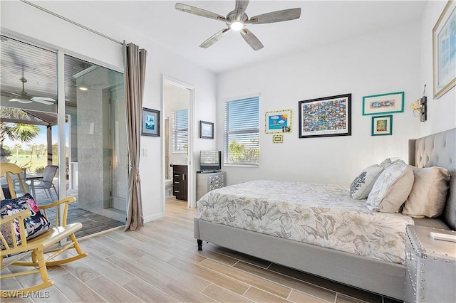 bedroom featuring baseboards, ceiling fan, wood tiled floor, and access to outside