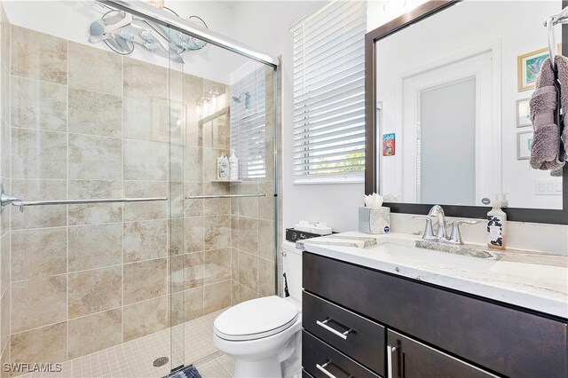 full bathroom featuring vanity, toilet, and a shower stall