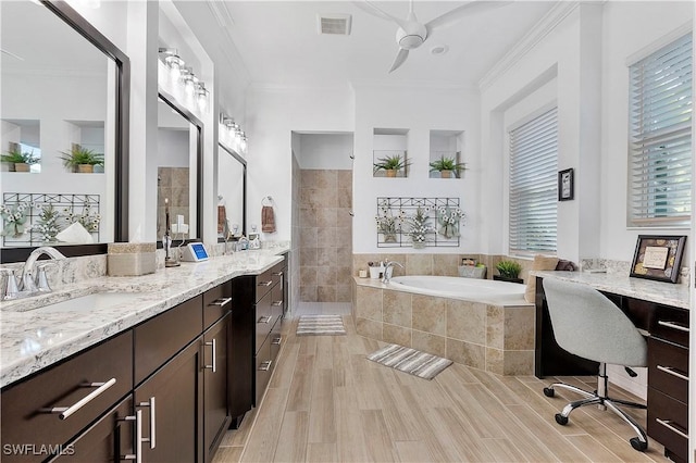full bath featuring visible vents, ornamental molding, wood tiled floor, and a bath