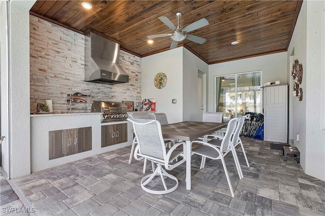 dining space featuring ornamental molding, stone finish floor, recessed lighting, wooden ceiling, and ceiling fan