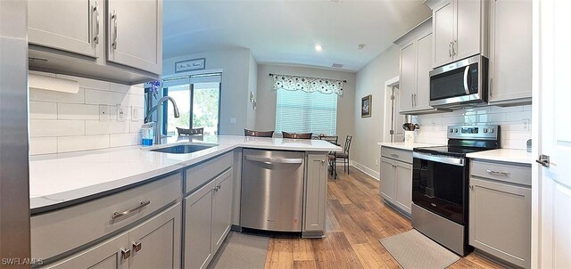 411 SW 19th Ter, Cape Coral, FL 33991 - kitchen with appliances with stainless steel finishes, light wood-style floors, gray cabinetry, and a sink