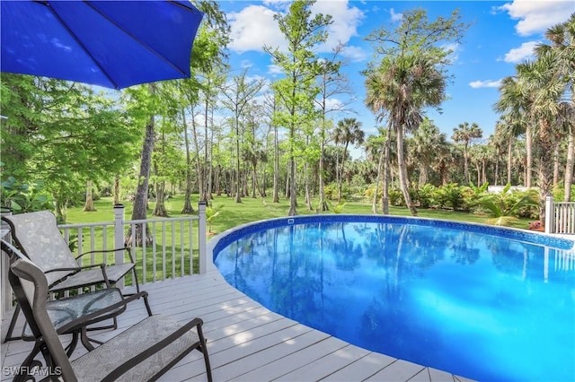 1420 14th Ave NE, Naples, FL 34120 - swimming pool featuring a yard, view of wooded area, and a wooden deck