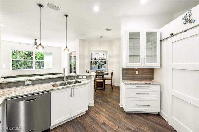 1420 14th Ave NE, Naples, FL 34120 - kitchen featuring stainless steel dishwasher, a sink, light stone counters, white cabinets, and recessed lighting