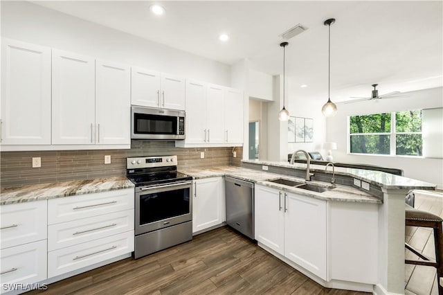 1420 14th Ave NE, Naples, FL 34120 - kitchen featuring stainless steel appliances, a peninsula, a sink, tasteful backsplash, and recessed lighting