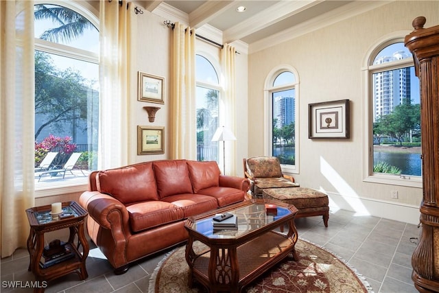23771 Tuscany Way, Bonita Springs, FL 34134 - living area featuring baseboards, ornamental molding, tile patterned flooring, and beamed ceiling