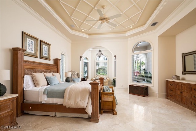 23771 Tuscany Way, Bonita Springs, FL 34134 - bedroom featuring baseboards, ceiling fan with notable chandelier, arched walkways, and ornamental molding