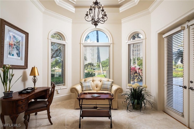 23771 Tuscany Way, Bonita Springs, FL 34134 - living area featuring baseboards, ornamental molding, and an inviting chandelier