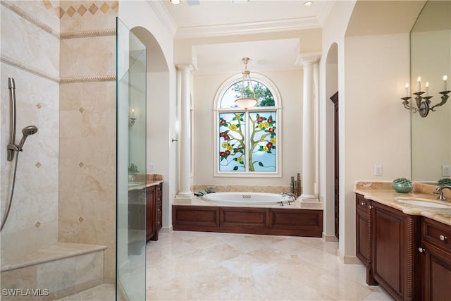 23771 Tuscany Way, Bonita Springs, FL 34134 - full bathroom with ornate columns, ornamental molding, and a tile shower