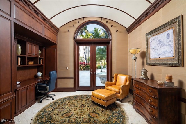 23771 Tuscany Way, Bonita Springs, FL 34134 - office space featuring vaulted ceiling, french doors, baseboards, built in desk, and ornamental molding