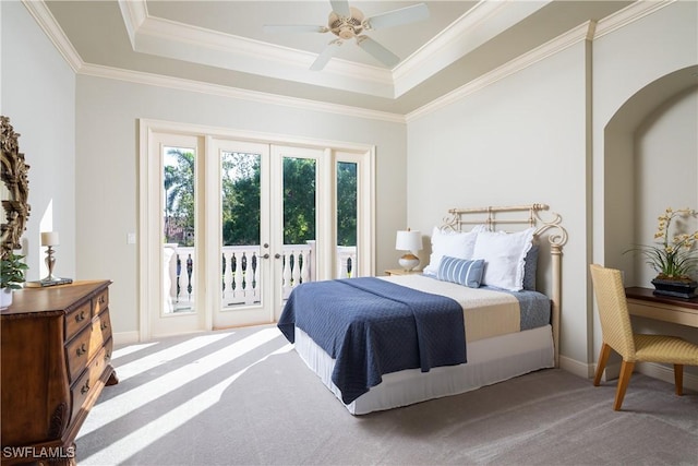 23771 Tuscany Way, Bonita Springs, FL 34134 - bedroom featuring a raised ceiling, ornamental molding, carpet, and access to exterior