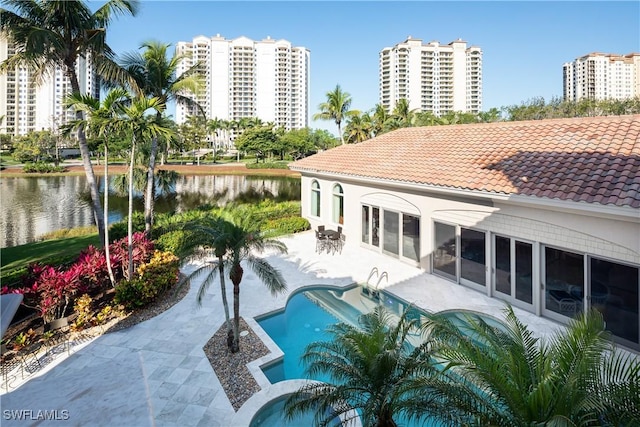 23771 Tuscany Way, Bonita Springs, FL 34134 - pool featuring a city view, a water view, and a patio area