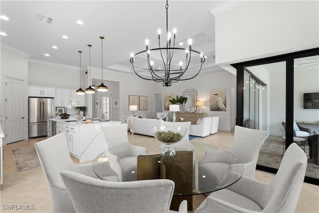dining room with crown molding, visible vents, recessed lighting, and a notable chandelier