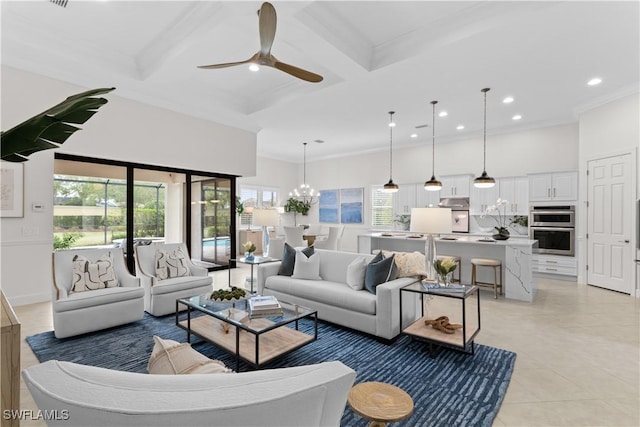 living room featuring ceiling fan, a high ceiling, beamed ceiling, and coffered ceiling