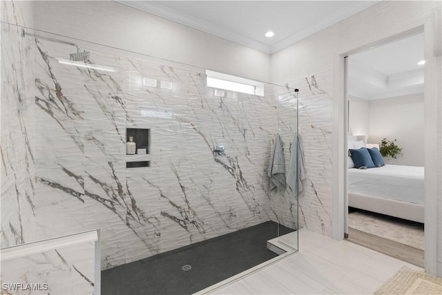 ensuite bathroom featuring crown molding, a marble finish shower, ensuite bath, and recessed lighting