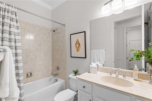 bathroom featuring toilet, shower / bath combo, vanity, and crown molding
