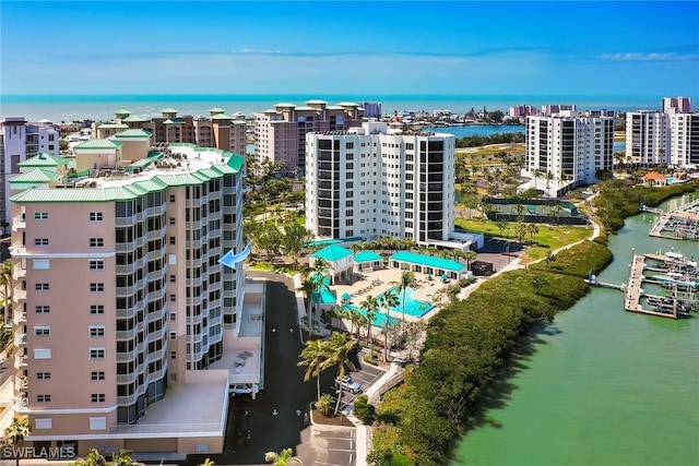 4141 Bay Beach Ln Unit 475, Fort Myers Beach, FL 33931 - aerial view featuring a water view and a view of city
