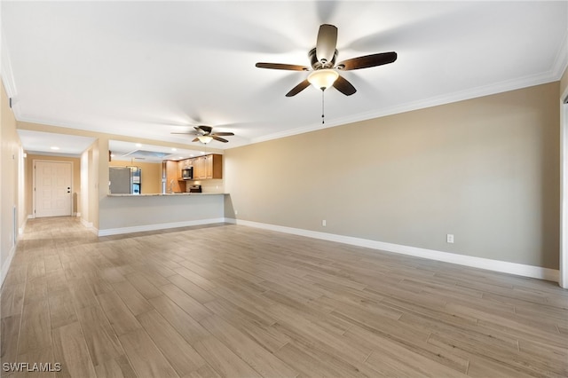 912 SW 48th Ter Unit 108, Cape Coral, FL 33914 - unfurnished living room with ceiling fan, crown molding, light wood-type flooring, baseboards, and a sink