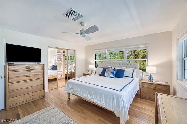 bedroom featuring visible vents, ceiling fan, and light wood finished floors
