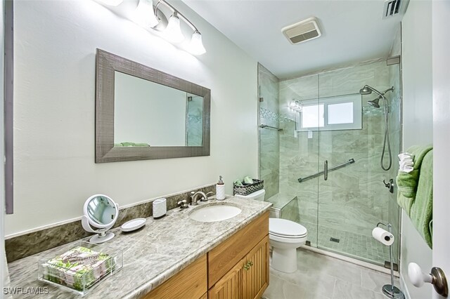 bathroom featuring visible vents, a shower stall, toilet, and vanity