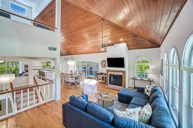 living area with wooden ceiling, a ceiling fan, visible vents, and high vaulted ceiling