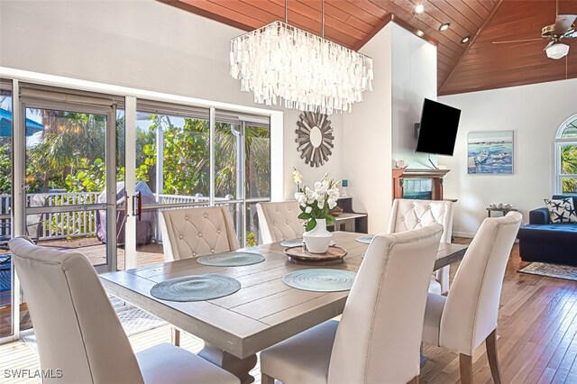 dining area with high vaulted ceiling, a notable chandelier, hardwood / wood-style floors, and wooden ceiling