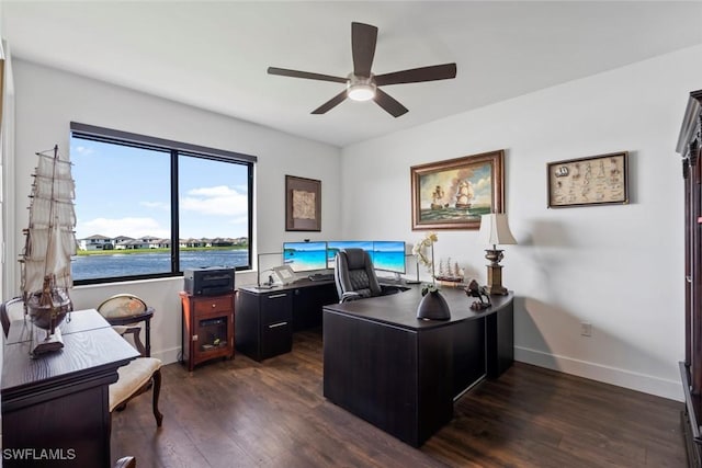 4802 Frattina St, Ave Maria, FL 34142 - home office featuring a ceiling fan, baseboards, and dark wood finished floors