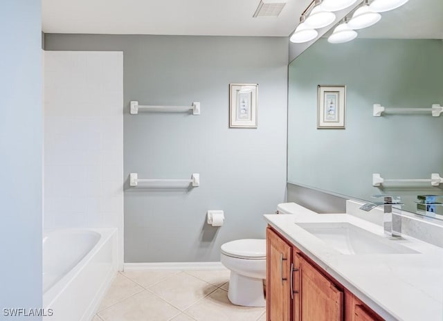 full bathroom featuring tile patterned flooring, toilet, vanity, baseboards, and visible vents